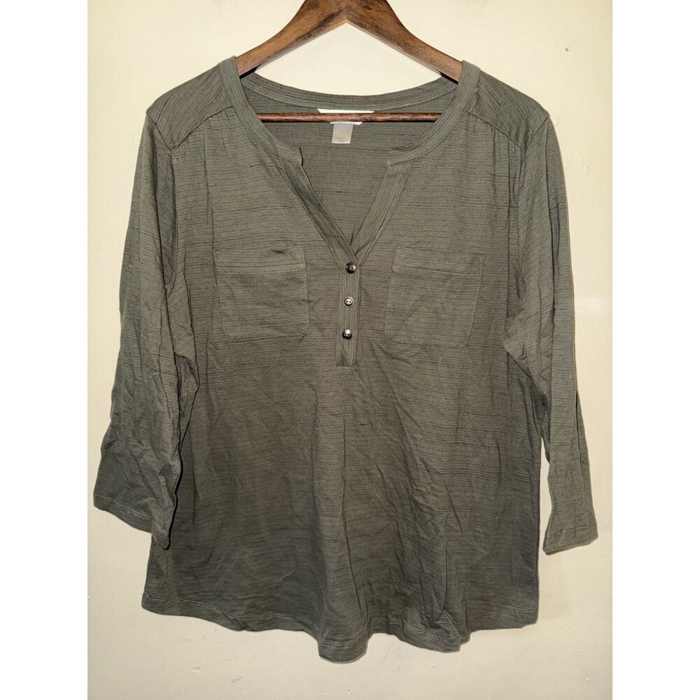 Christopher & Banks Olive Green Henley Top 3/4 Sleeve Knit Pocket Accent L